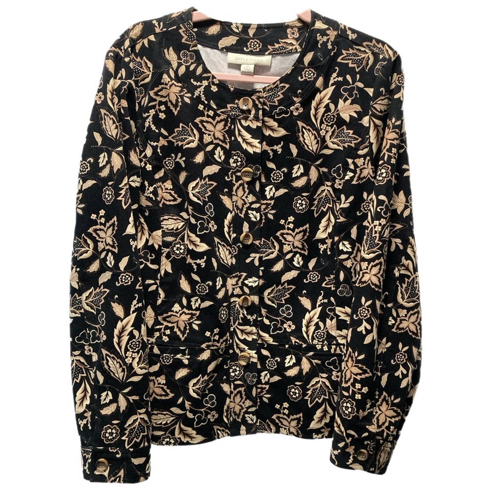 Appleseed's Plus Size 18 100% cotton Jacket Black Tan Floral EUC! 15151B